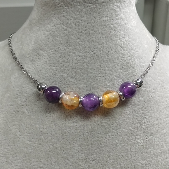 Citrine Amethyst Bead Necklace Natural Gemstone Crystal Stainless-Steel Chain - Picture 5 of 11